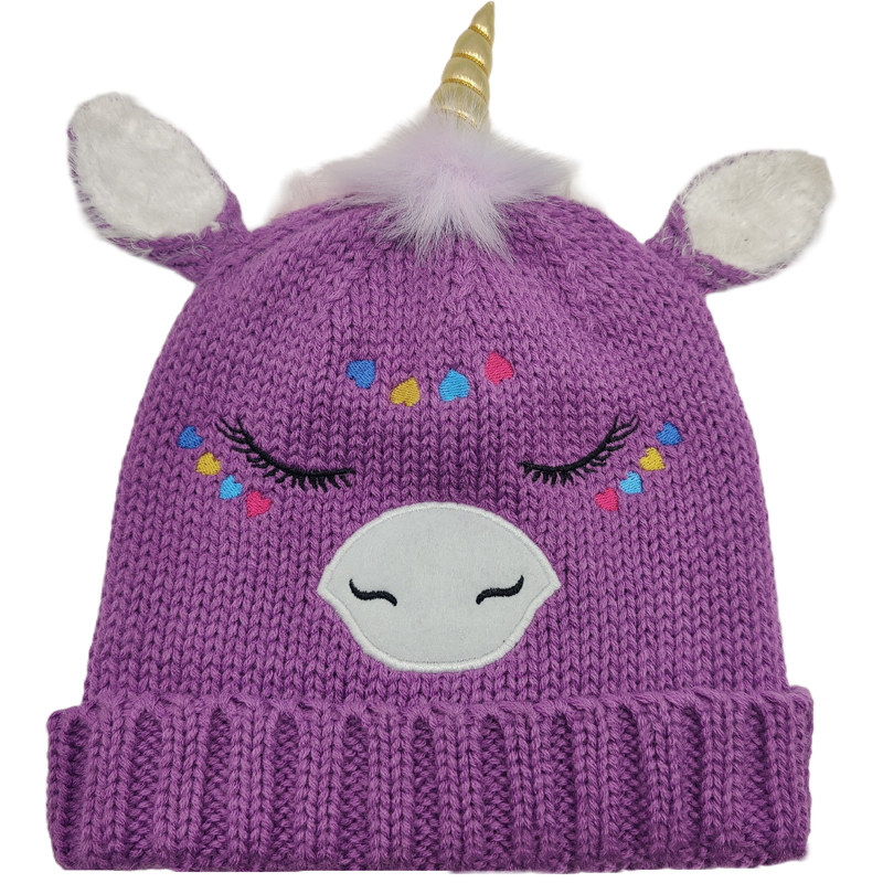 Girl Unicorn Embroider Fake Fur Handmade Acrylic Knitted Caps